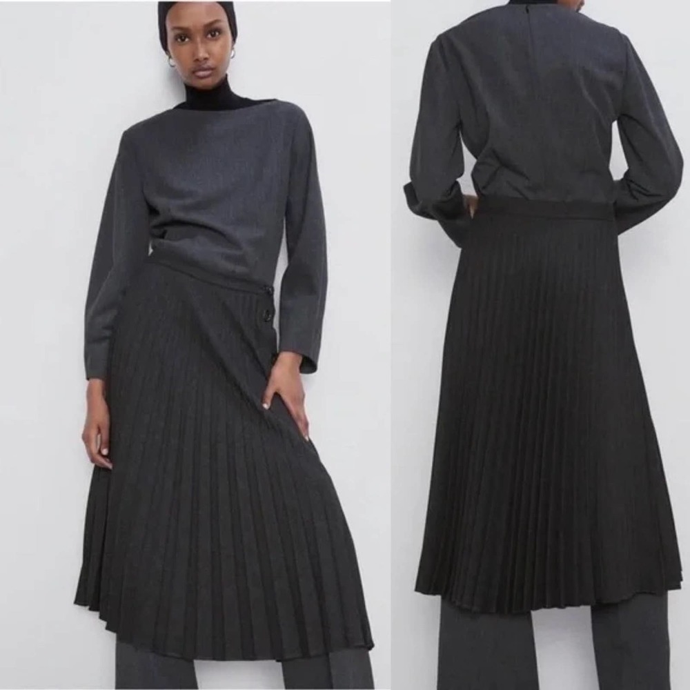 Zara Side Button Gray Pleated Midi Skirt/Medium/Charcoal Gray 7149/266